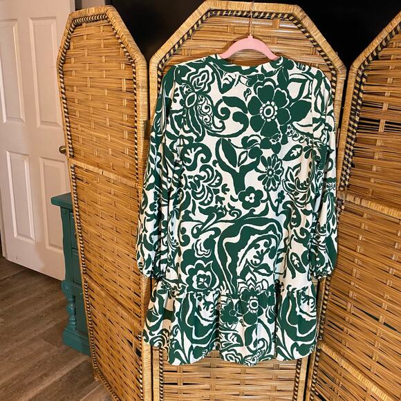 Zara Green White Floral Print Tiered Mini Dress tunic Long Sleeve Size Medium - Picture 5 of 6
